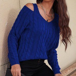 cable knit cutout shoulder v-neck sweater fall winter trending blue
